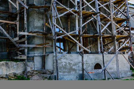 Gray pavement slabs stacked at construction siteの写真素材