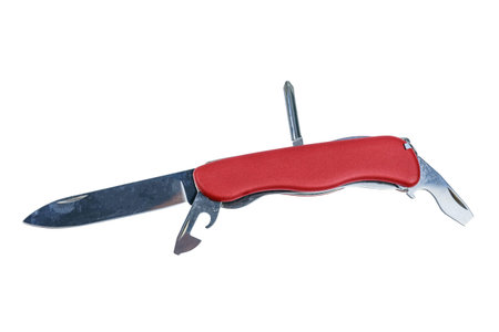 Unfolded all purpose red pocket knife isolated on a white background