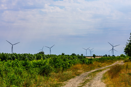Wind turbines at the countryside. Clean energy. Ecological concept