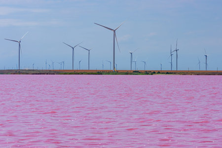 Wind turbines at shore of lake with pink water. Clean energy. Ecological concept