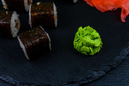 Sushi maki roll with tuna on slate board. Japanese foodの写真素材