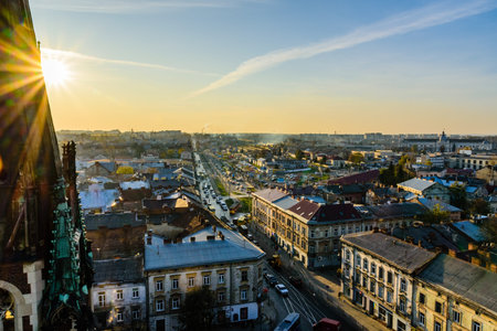Lviv, Ukraine - November 1, 2019: Lviv cityscape. View on city Lviv from church of Sts. Olha and...