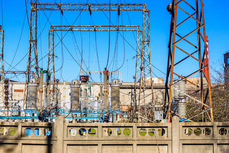 View on high voltage distribution substation of factoryの写真素材