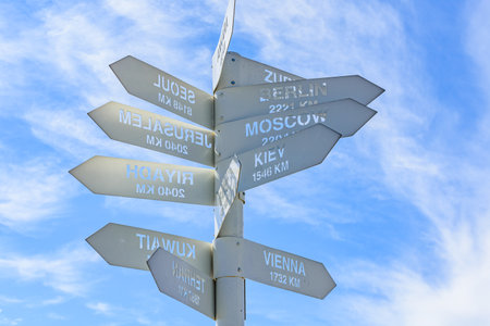 White metal signpost with names of capital cities at summit of Tahtali mountain.の写真素材