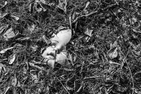Scary broken doll face on the groundの写真素材