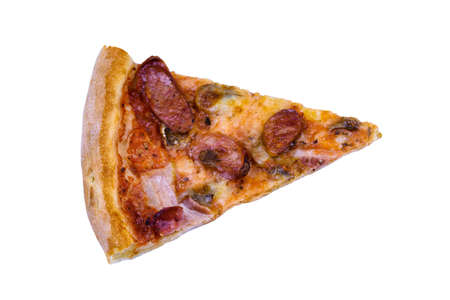 Piece of pizza with salami sausage and parmesan cheese isolated on white backgroundの写真素材