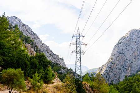 High voltage power line in canyon not far from city Kemer. Antalya province, Turkey