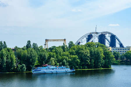 Tourist motor boat on river Dnieper in Kiev, Ukraineの写真素材