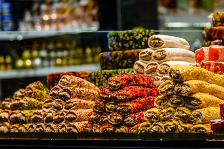 Turkish delight and different sweets for sale at bazaar in Turkey
