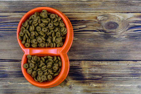 Bowl with pet food on wooden background. Top view