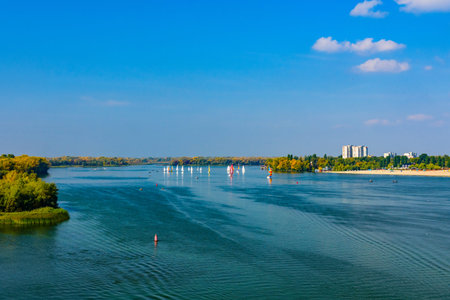 Many yachts at river Dnieper on autumn in Kremenchug, Ukraine. Sailing regatta