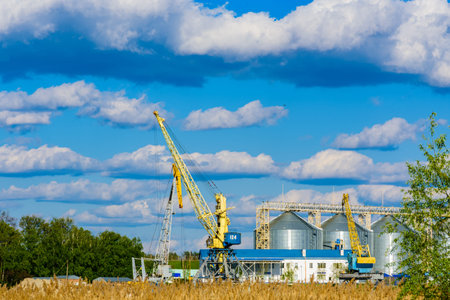 Tall construction cranes near grain storage binsの写真素材