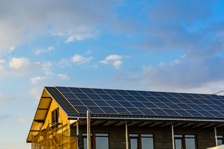 Solar panels on roof of the residential house. Clean energy. Ecological concept