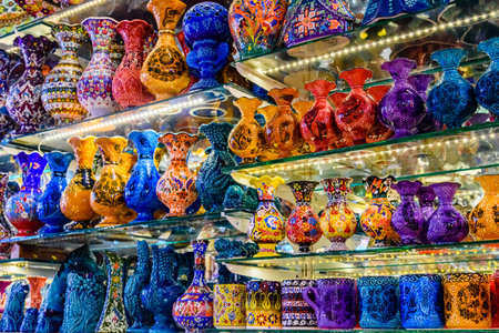 Many colorful souvenirs for sale at bazaar in Turkeyの写真素材