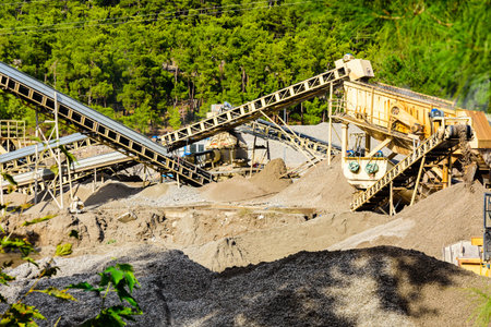 Belt conveyors at limestone quarry. Mining industry