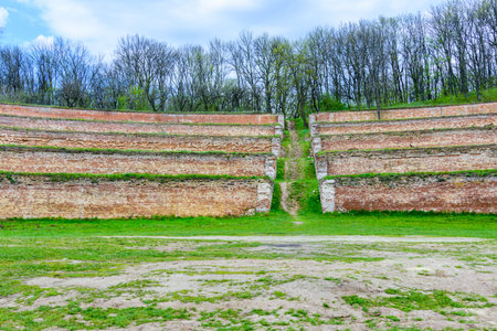 View at abandoned agricultural terraces now called singing terraces near village Gorodne. Kharkiv...