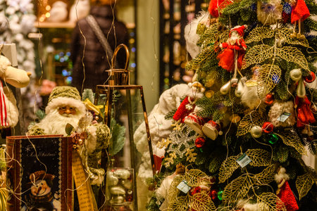 Branches of fir tree and christmas decorationsの写真素材