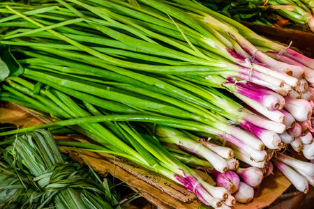 Green onion for sale at market. healthy eatingの写真素材