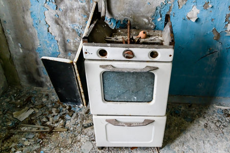 Old rusty gas stove in kitchen in abandoned apartment at ghost town Pripyat. Chernobyl exclusion zoneの写真素材