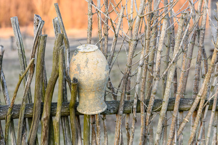 Old clay pots hanging on dry branchの写真素材