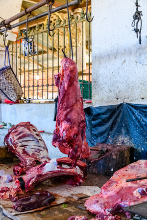 Pieces of fresh raw meat at food market at Zanzibarの写真素材