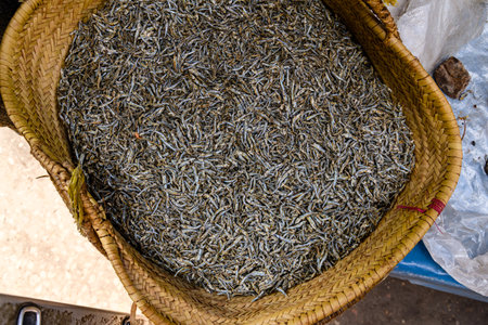 Dried capelin fish for sale at fish marketの写真素材
