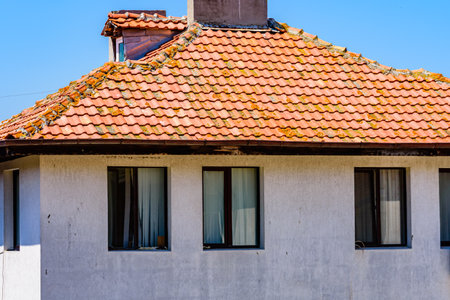 Residential building with tile roof in Nessebar, Bulgariaの写真素材