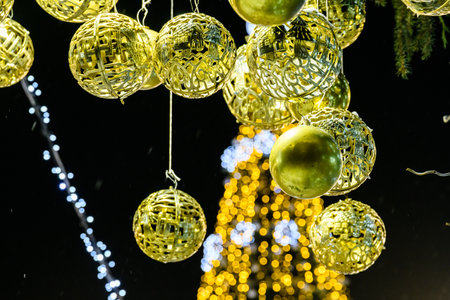 Many Christmas balls hanging. New Year and Christmas decorationsの写真素材