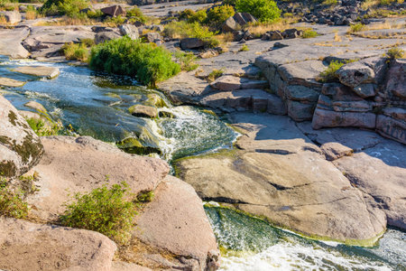 View on Tokovsky waterfalls and rapids on Kamianka river. Dnipropetrovsk region, Ukraine