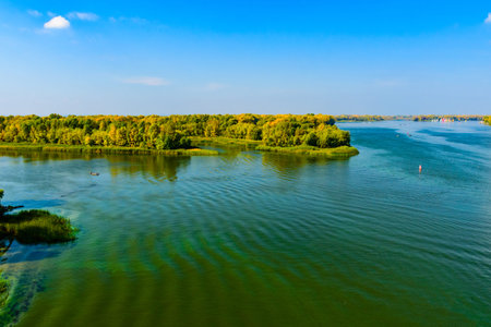 View of river Dnieper on autumn in Kremenchug, Ukraine
