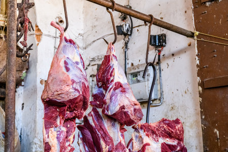 Pieces of fresh raw meat at food market at Zanzibarの写真素材