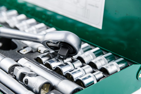 Socket set with socket wrench. Toolkit for car maintenance