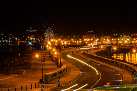 Night view of the city Nessebar, Bulgaria. Old townの写真素材