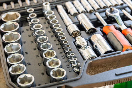 Socket set with socket wrench. Toolkit for car maintenanceの写真素材