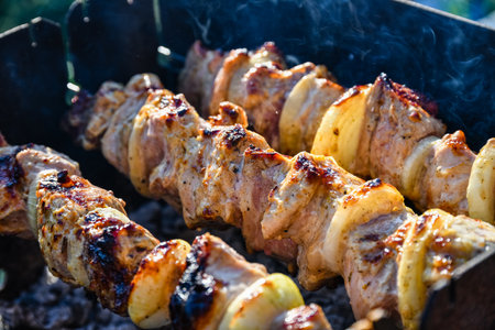 Marinated shashlik (or shish kebab) preparing on skewers over charcoalの写真素材