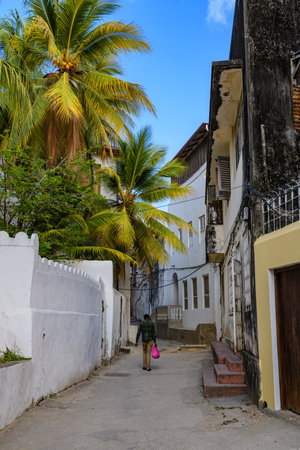 Narrow street in Stone town. Zanzibar, Tanzaniaの写真素材