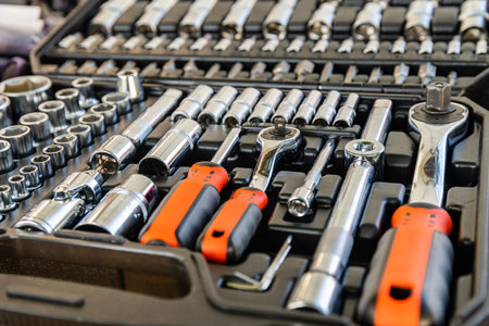 Socket set with socket wrench. Toolkit for car maintenanceの写真素材