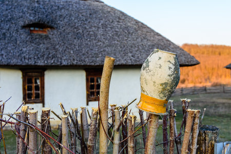 Old clay pots hanging on dry branchの写真素材