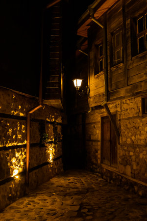Old city lantern in street at nightの写真素材