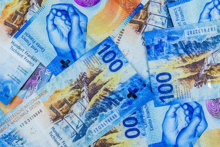 Background of one hundred francs banknotes. Swiss moneyの写真素材