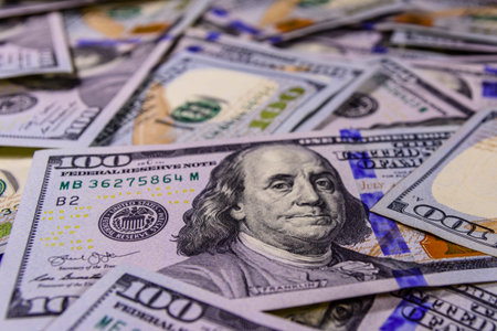 Background of the one hundred dollar banknotes. Selective focus