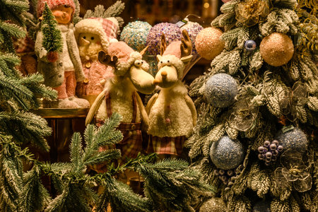 Branches of fir tree and christmas decorationsの写真素材