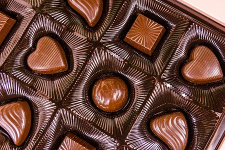 Heap of chocolate candies in brown box. Top view