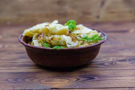 Varenyky with mashed potato. Dish of Ukrainian cuisineの写真素材