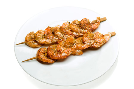 Shrimp skewers isolated on white backgroundの写真素材