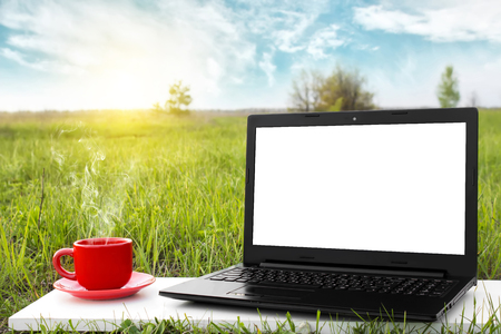 Laptop and cup of hot coffee with blank screen on the background picturesque nature, outdoor office. Travel concept. Business ideas. Choice of travel. Copy space. Online store.の写真素材