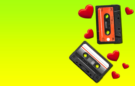 Old audio cassette. Multicolored audio tapes. Close-up view. The concept of old music. The era of retro songs. Isolated objects. The music of yesteryear.の写真素材