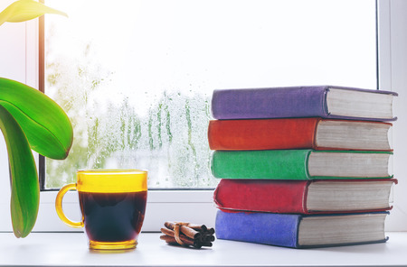 Cup of hot coffee with cinnamon and a stack of books on the windowsill. Outside the window the rain. Home interior.の写真素材