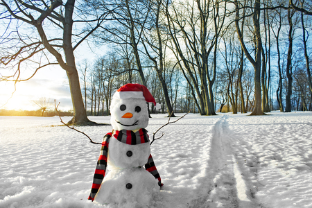 Smiling snowman at sunset in the forest. Winter landscape. Holiday mood.の写真素材