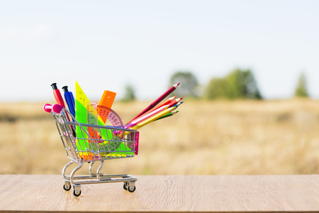 Back to school concept with shopping cart and multicolored pencils on the white background. The first of September. The day of knowledge. Buying school supplies.の写真素材